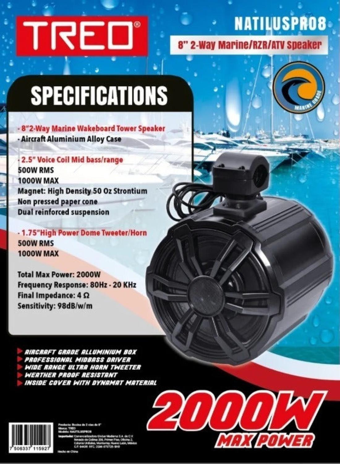 Bocina de Torre Marina Treo NAUTILUSPRO8 2000 Watts 8 Pulgadas 4 Ohms 500 Watts RMS 2 Vías con Chasi - Audioshop México lo mejor en Car Audio en México -  Treo