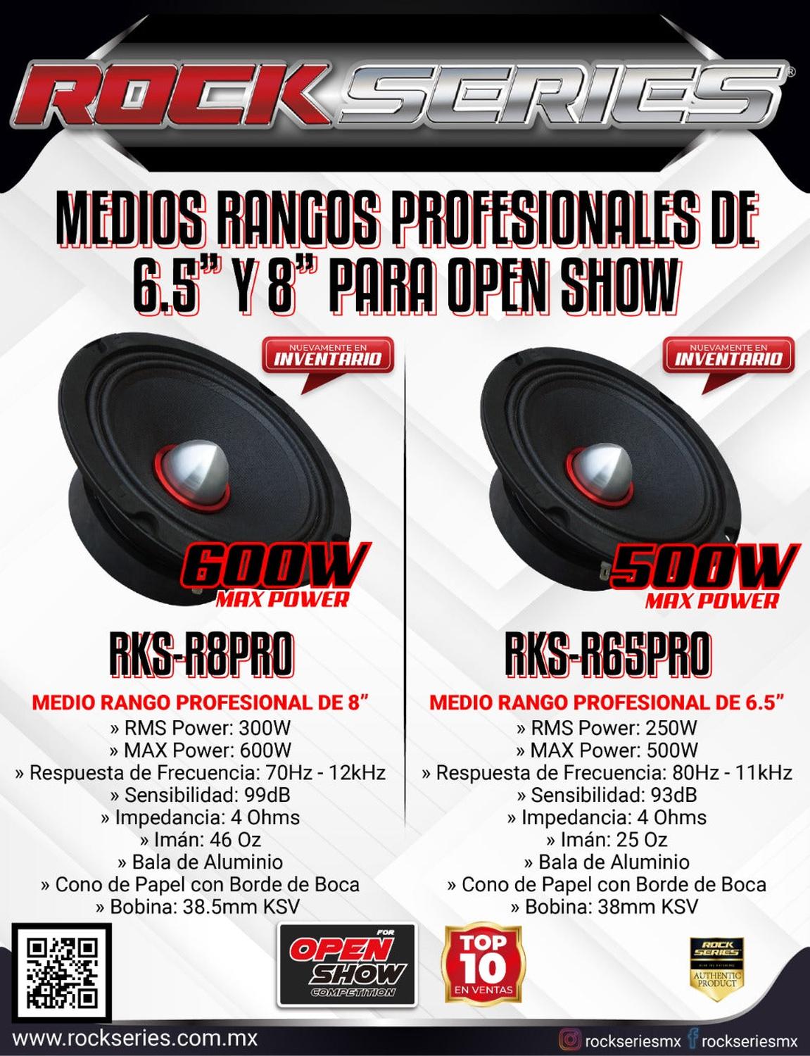 Medios Rangos Profesionales Open Show Rock Series RKS-R8PRO 300/600 Watts Max 4 Ohms (Venta por par) - Audioshop México lo mejor en Car Audio en México -  Rock Series