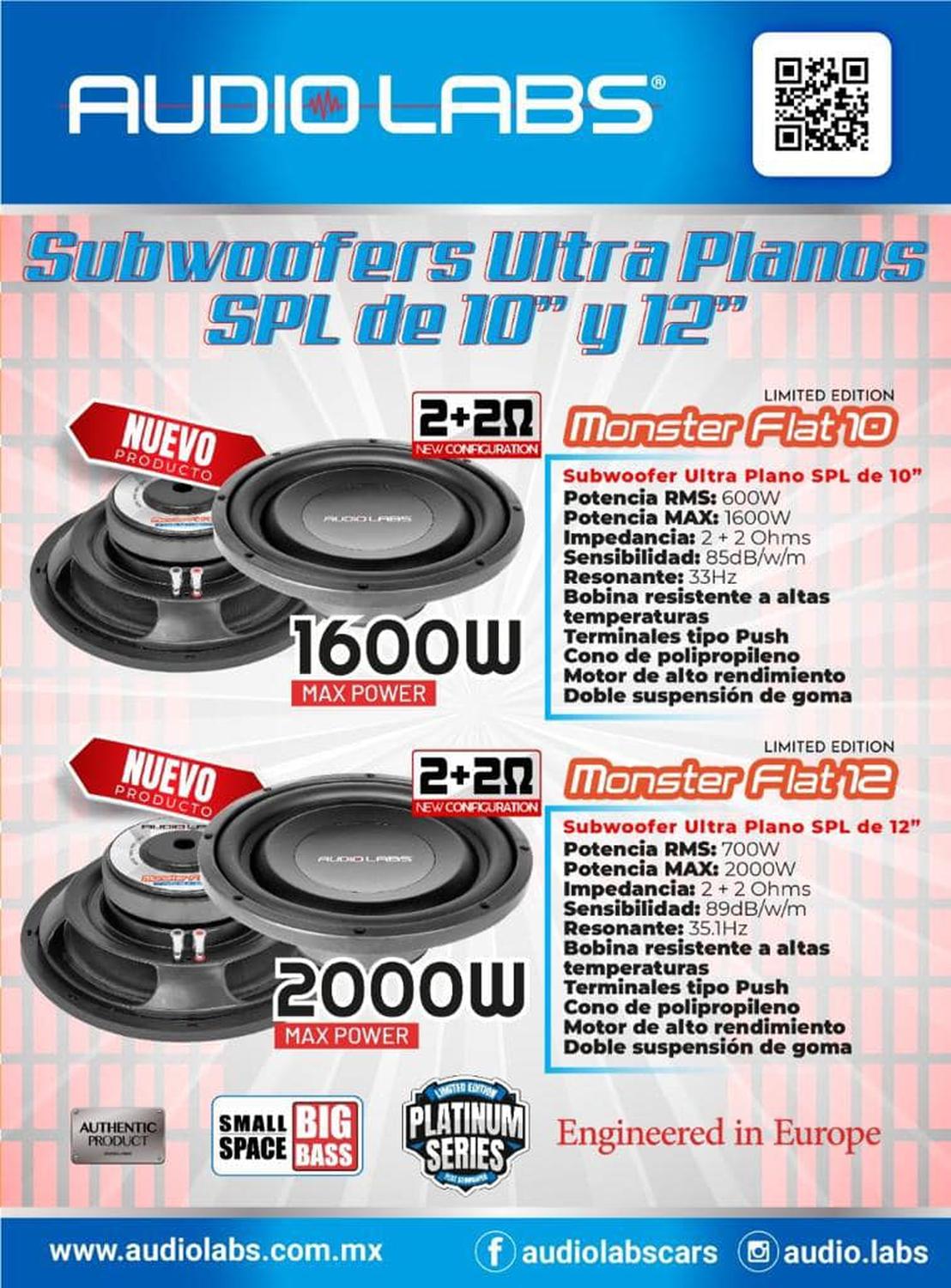 Subwoofer Ultra Plano SPL Audio Labs MONSTER FLAT 12 2000 Watts 12 Pulgadas 2 + 2 Ohms 700 Watts RMS - Audioshop México lo mejor en Car Audio en México -  Audio Labs
