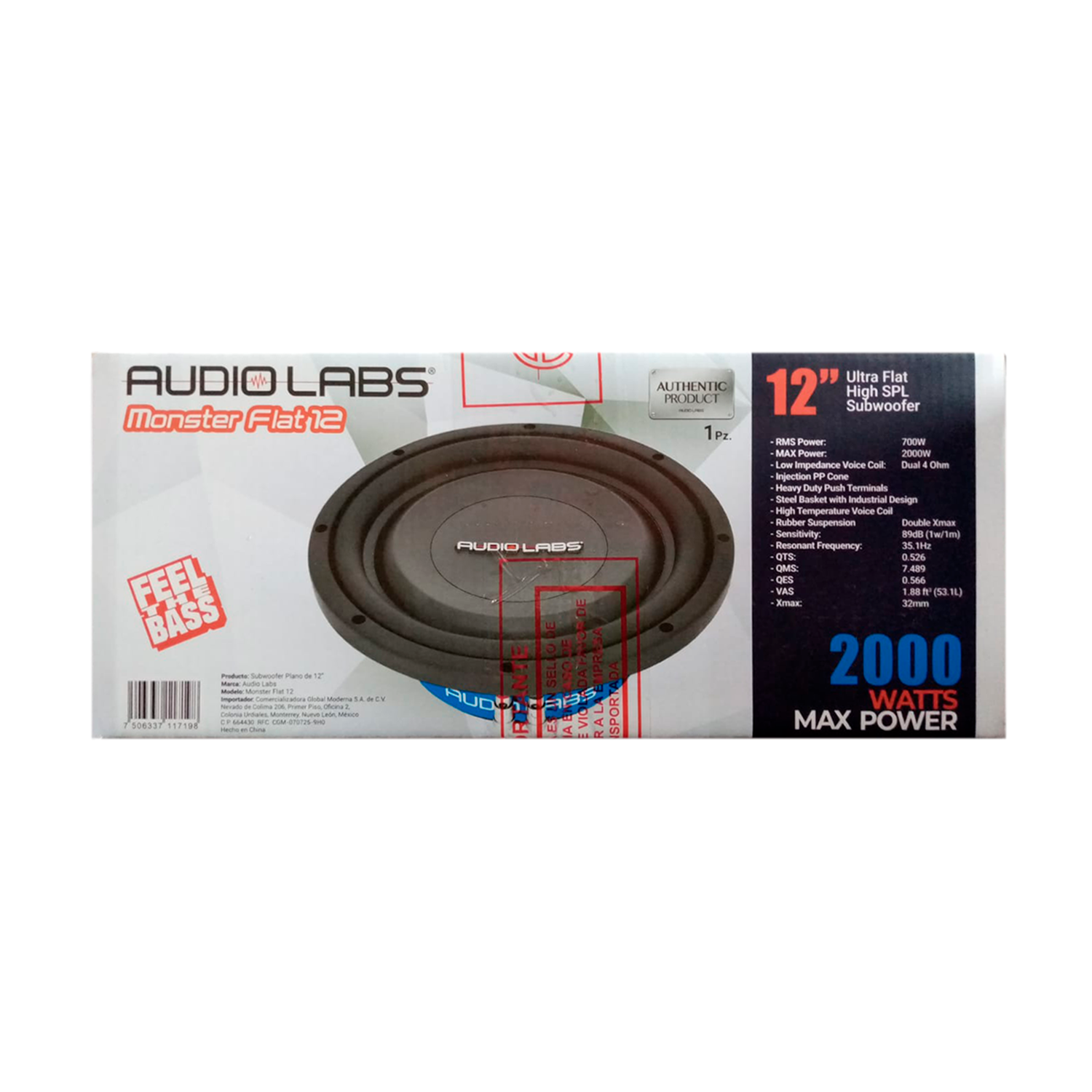 Subwoofer Ultra Plano SPL Audio Labs MONSTER FLAT 12 2000 Watts 12 Pulgadas 2 + 2 Ohms 700 Watts RMS - Audioshop México lo mejor en Car Audio en México -  Audio Labs