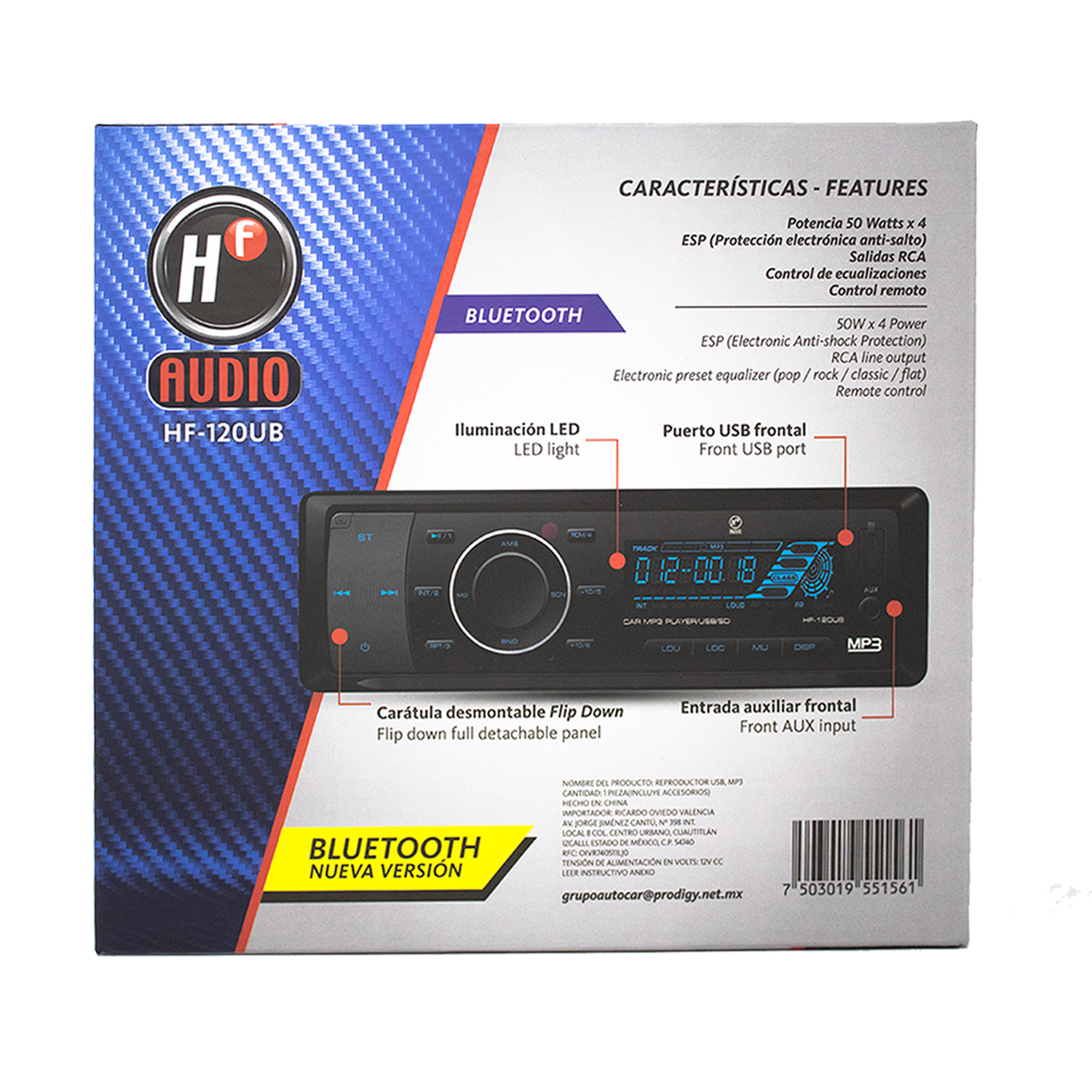 Autoestéreo HF Audio HF-120UB con Bluetooth, USB, AUX 1 Din - Audioshop México lo mejor en Car Audio en México -  HF Audio