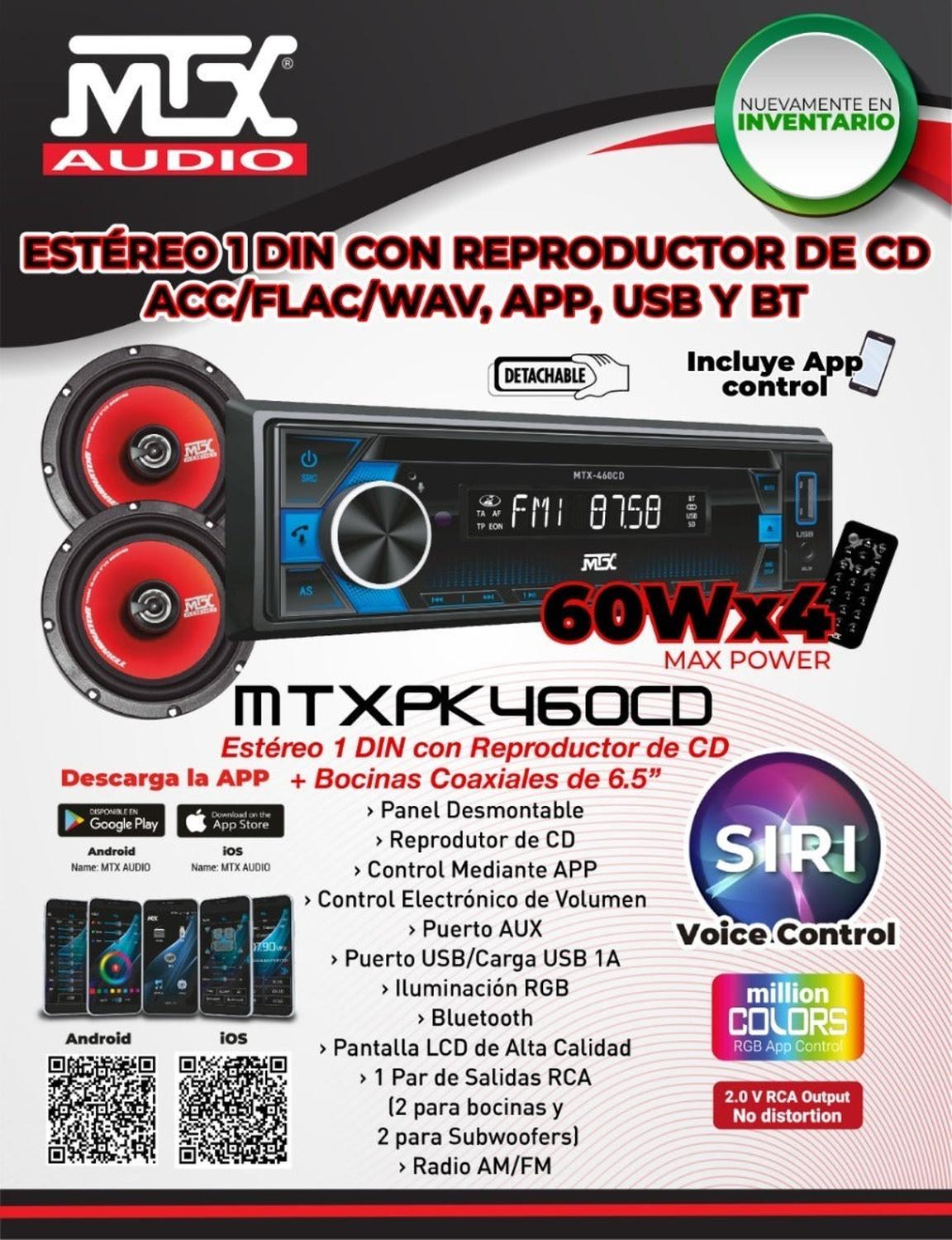 Estéreo 1 DIN + Bocinas Coaxiales de 6.5" MTX Audio MTXPK460CD CD App Bluetooth Siri con Control rem - Audioshop México lo mejor en Car Audio en México -  MTX Audio