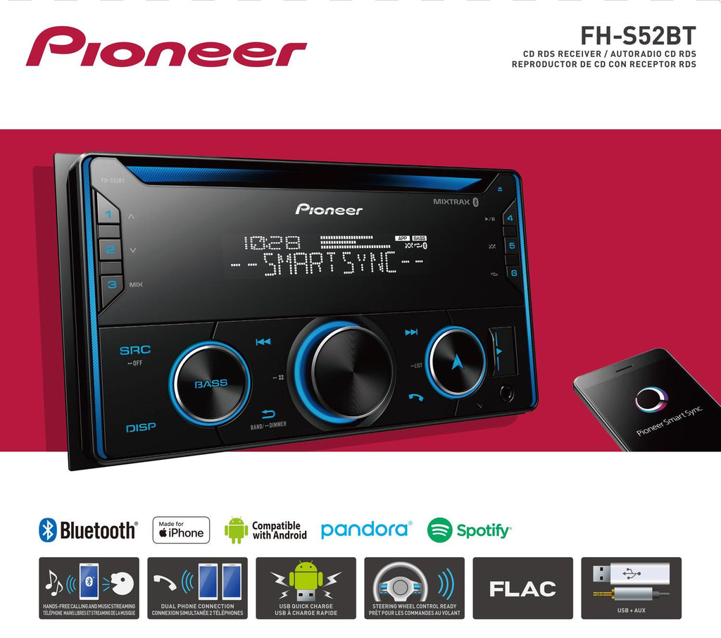 Autoestéreo 2 DIN Pioneer FHS52BT CD Bluetooth USB Spotify Android iO