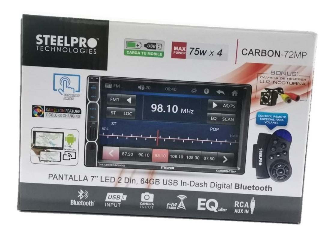 Autoestéreo Pantalla 2 DIN Steelpro CARBON-72MP Bluetooth Control Remoto Cámara de Reversa - Audioshop México lo mejor en Car Audio en México -  Steelpro