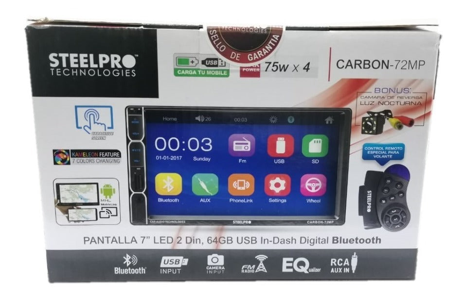 Autoestéreo Pantalla 2 DIN Steelpro CARBON-72MP Bluetooth Control Remoto Cámara de Reversa - Audioshop México lo mejor en Car Audio en México -  Steelpro
