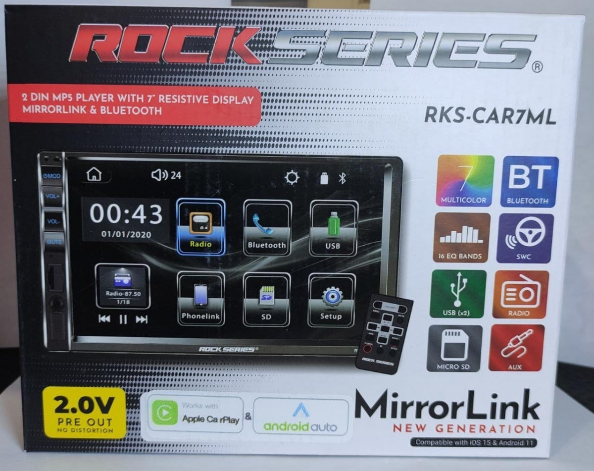 Estéreo 2 DIN HD 7" Mirror Link Carplay Android Auto Rock Series RKS-CAR7ML Control Remoto Cámara de Reversa - Audioshop México lo mejor en Car Audio en México -  Treo