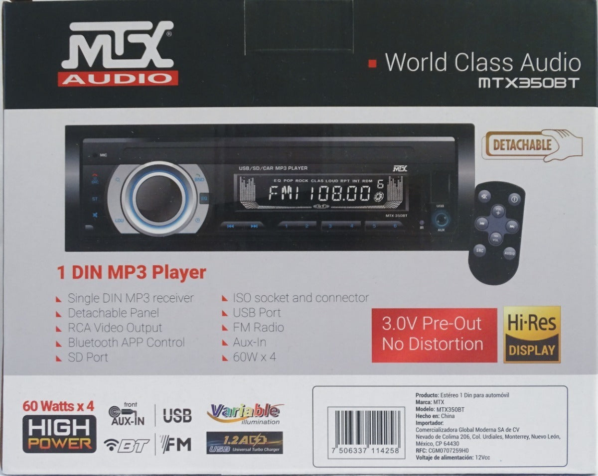 Autoestéreo 1 DIN MTX Audio MTX-350BT Bluetooth MP3 USB Carátula desmontable - Audioshop México lo mejor en Car Audio en México -  MTX Audio