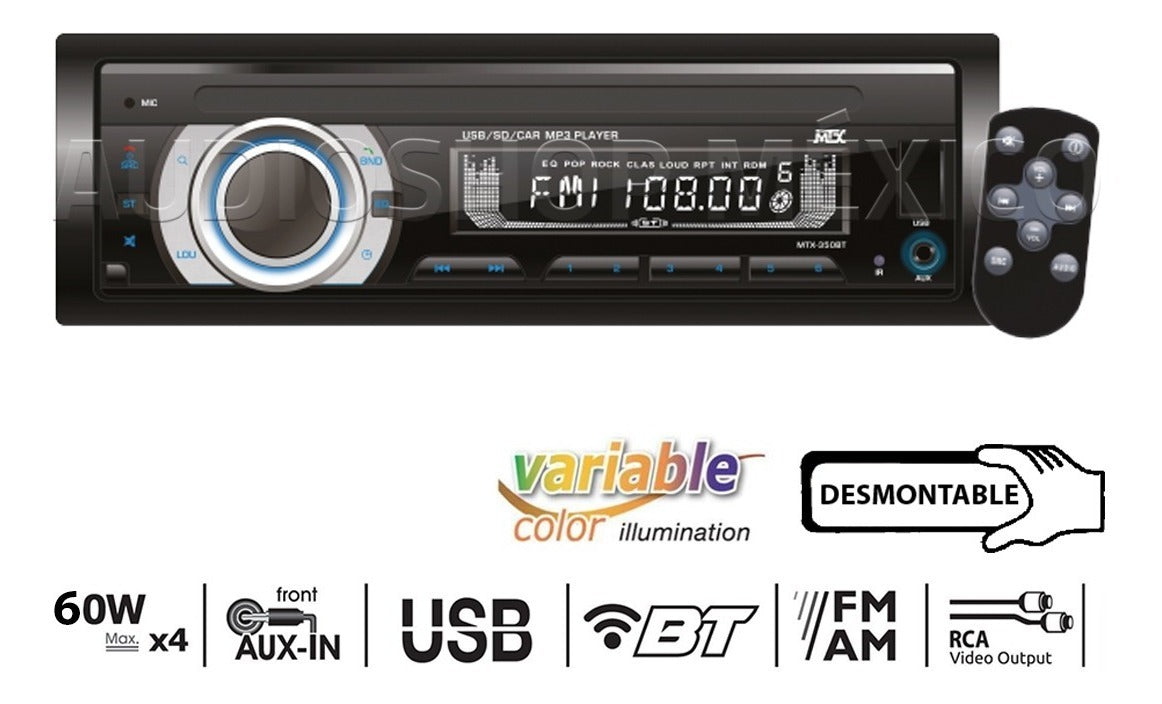 Autoestéreo 1 DIN MTX Audio MTX-350BT Bluetooth MP3 USB Carátula desmontable - Audioshop México lo mejor en Car Audio en México -  MTX Audio