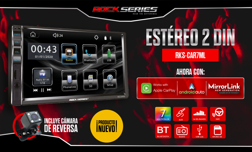 Estéreo 2 DIN HD 7 Mirror Link Carplay Android Auto Rock Series RKS-C –  Audioshop México lo mejor en Car Audio en México